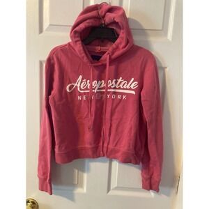 Aeropostale Womens Pink Graphic Cropped Hoodie‎ Sweatshirt New York 1987 Size M
